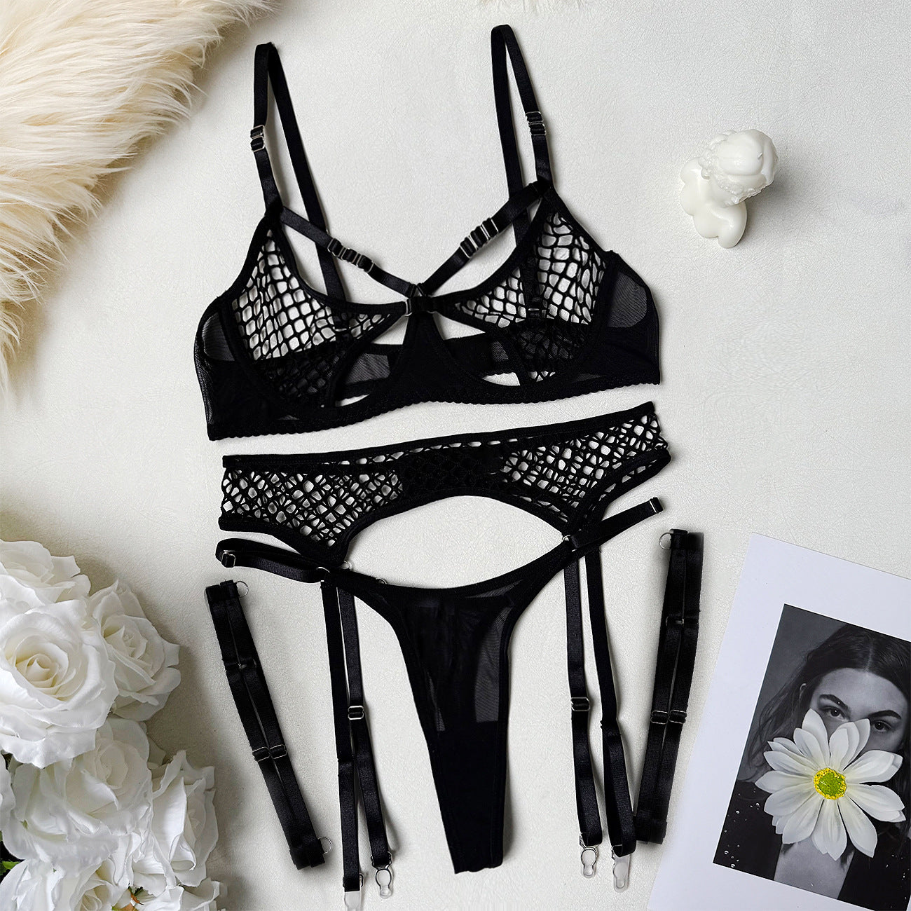 Fishnet Lingerie Set with Garter Belt